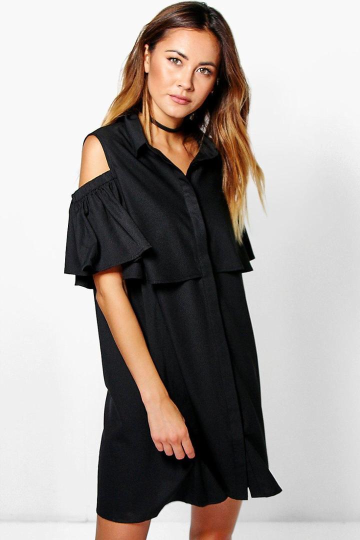 Boohoo Victoria Cold Shoulder Ruffle Shirt Dress Black