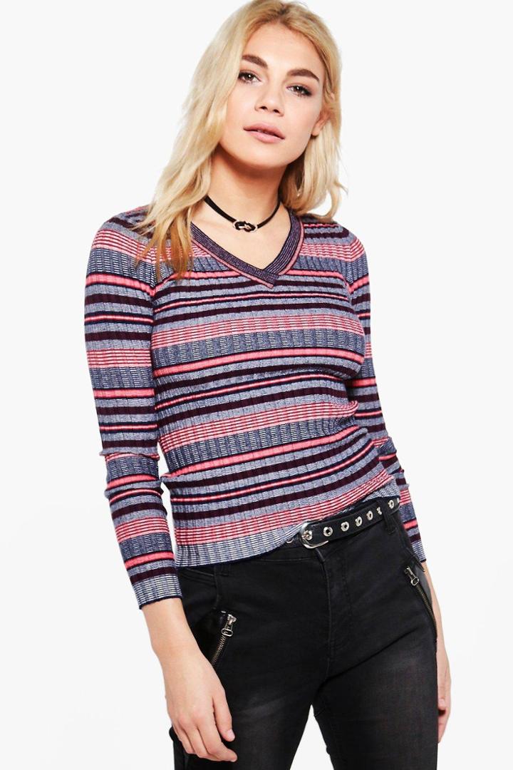Boohoo Harriet Stripe V-neck Jumper Red