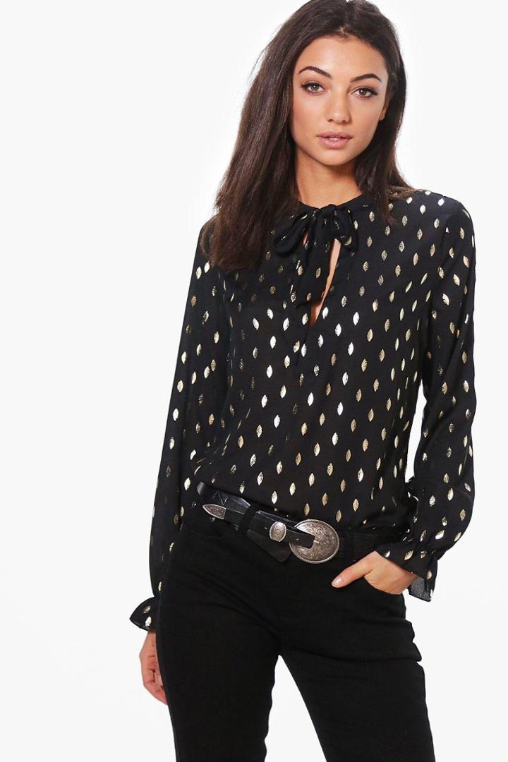 Boohoo Tall Maella Metallic Tie Neck Woven Blouse Black