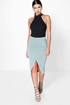 Boohoo Ava Rouched Side Textured Slinky Midi Skirt