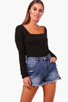 Boohoo Petite Ella Square Neck Rib Long Sleeve Top