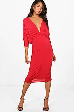 Boohoo Harriet Batwing Plunge Neck Midi Dress