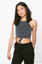 Boohoo Petite Gia Knot Front High Neck Crop Top Charcoal