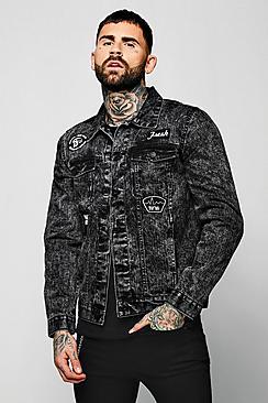 Boohoo Black Wash Denim Jacket With Badges
