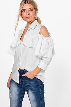 Boohoo Amy Long Sleeve Frill Detail Cold Shoulder Shirt