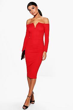 Boohoo Jody V Plunge Off Shoulder Midi Dress