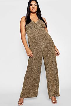 Boohoo Plus Glitter Wrap Front Wide Leg Jumpsuit
