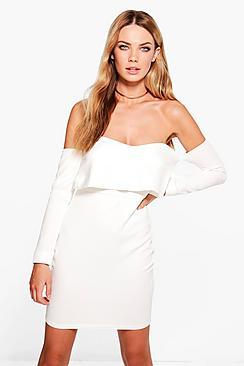 Boohoo Neve Frill Bardot Long Sleeved Bodycon Dress