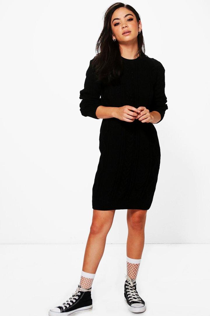 Boohoo Maddison Cable Knit Jumper Dress Black