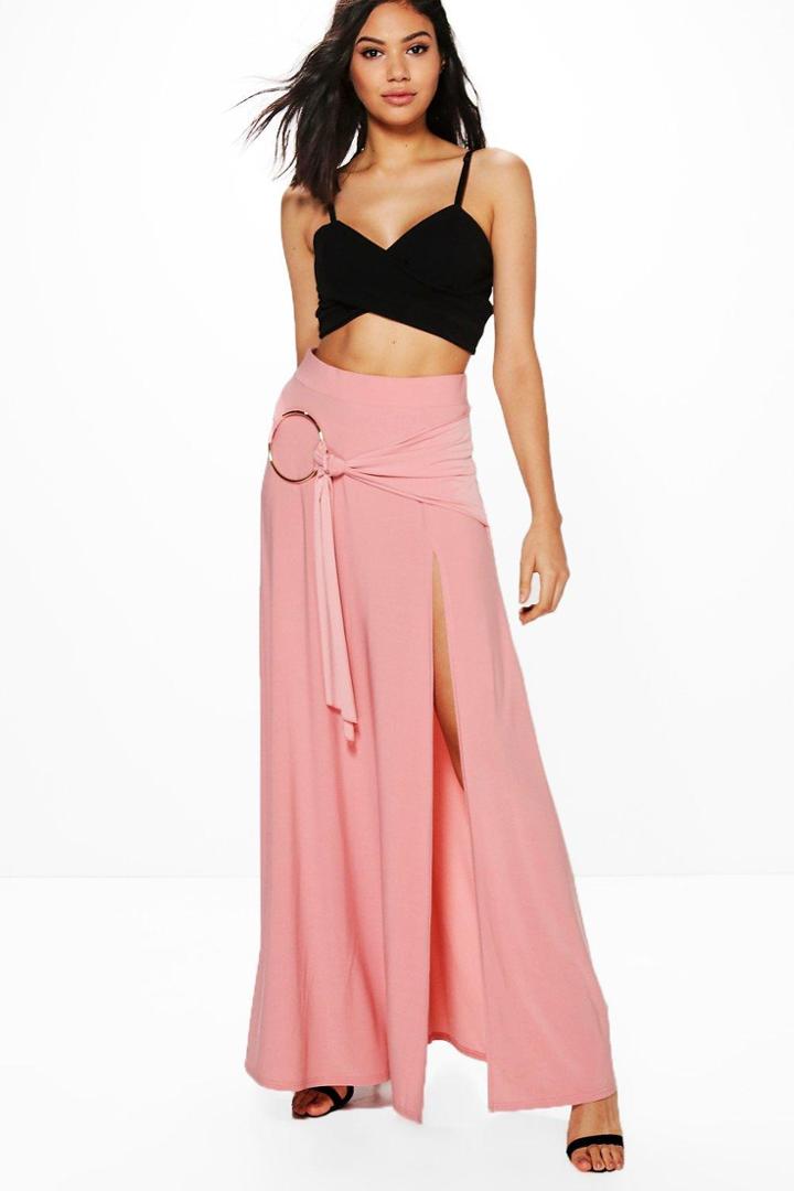 Boohoo Aura O Ring Thigh Split Maxi Skirt Rose