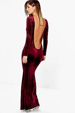 Boohoo Aleesha Velvet Low Back Fish Tail Maxi Dress