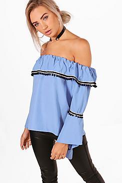 Boohoo Ella Off The Shoulder Ruffle Pom Pom Top