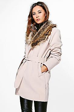Boohoo Abigail Faux Fur Collar Wrap Coat