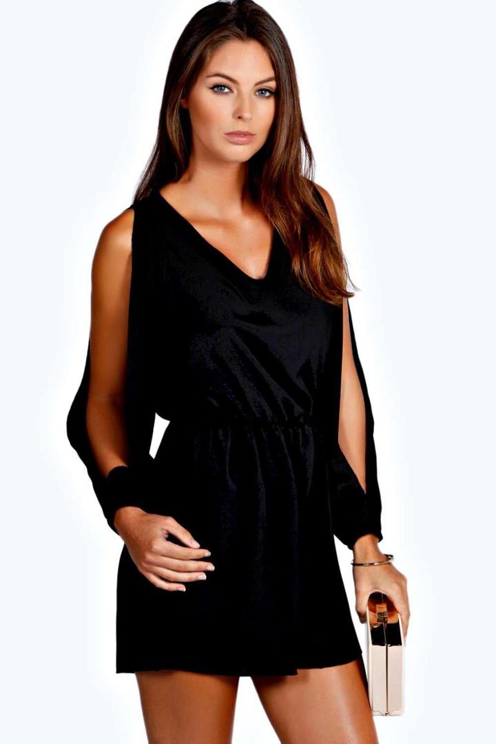 Boohoo Jessica Split Sleeve Crepe Playsuit Black