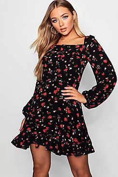 Boohoo Sweetheart Button Floral Skater Dress