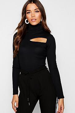 Boohoo Roll Neck Rib Knit Cut Out Top