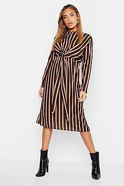 Boohoo Woven Stripe Tie Front Midi Dress