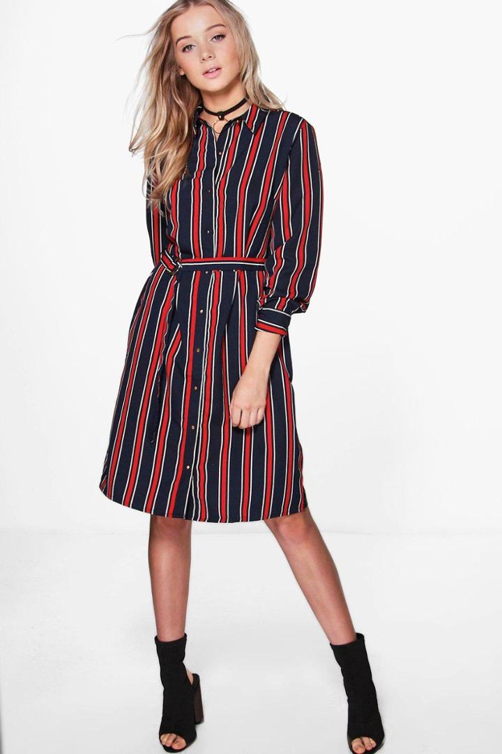 Boohoo Drew Striped Print Belted Shirt Dress Navy