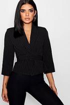 Boohoo Woven Pinstripe Belted Cropped Blazer