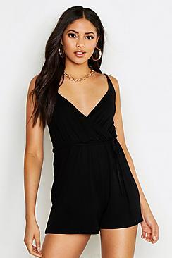 Boohoo Tall Belted Wrap Jersey Playsuit