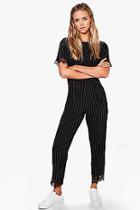 Boohoo Faye Pinstripe Belted Lace Trim Jumpsuit