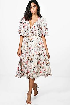 Boohoo Emrata Floral Chiffon Midi Skater Dress