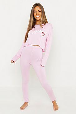 Boohoo Petite Love Slogan Pj Trouser Set