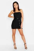 Boohoo Ruffle Bodycon Dress With Satin Tie Belt & Adjustable Straps