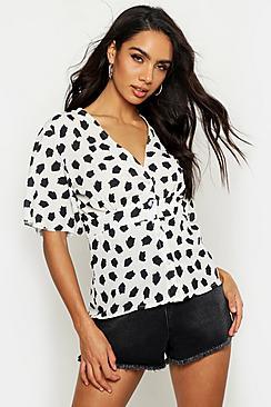 Boohoo Peplum Hem Smudge Spot Printed Blouse