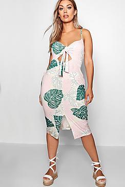 Boohoo Plus Tess Palm Tie Front Midi Dress