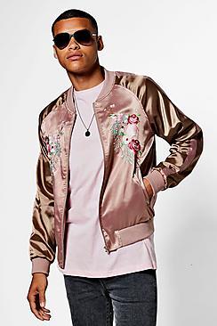 Boohoo Floral Embroidered Satin Raglan Bomber Jacket