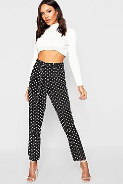 Boohoo Polka Dot Tie Waist Woven Slim Fit Trousers