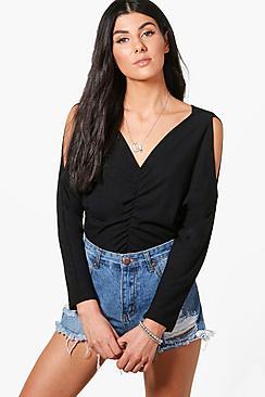 Boohoo Amanda Cold Shoulder Plunge Neck & Back Knitted Top