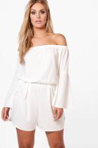 Boohoo Plus Maria Off The Shoulder Flared Sleeve Playsuit White