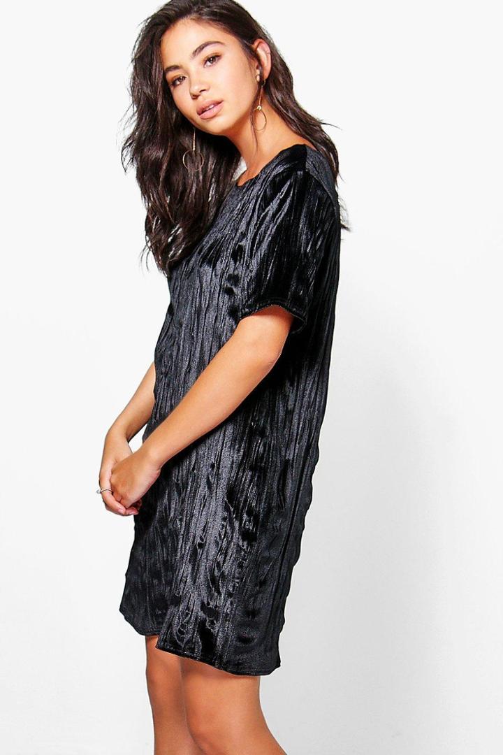 Boohoo Lizzie Velvet Printed Cap Sleeve Shift Dress Black