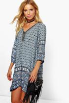 Boohoo Rebecca Tile Boarder Print Embellished Dress Blue