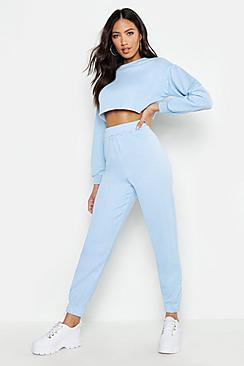 Boohoo Crew Neck Raw Hem And Cuff Jogger Tracksuit