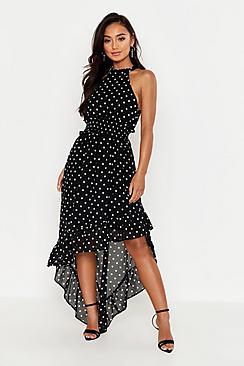 Boohoo Petite Polka Dot High Neck Shirred Waist Maxi Dress