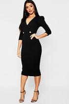 Boohoo 3/4 Sleeve Horn Button Wrap Midi Dress