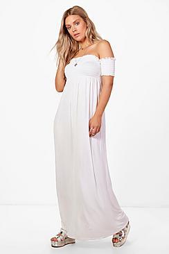 Boohoo Plus Jess Off The Shoulder Shirred Maxi Dress