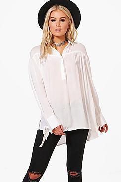 Boohoo Rose Woven Crinkle Tie Sleeve Shirt