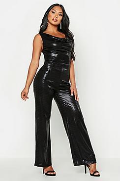Boohoo High Shine Metallic Cowl Neck Jumpsuit