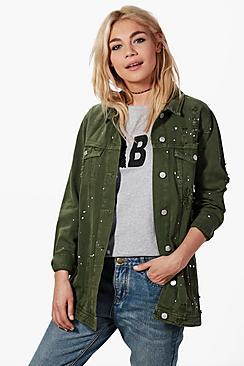 Boohoo Christine Khaki Longline Paint Splatter Denim Jacket