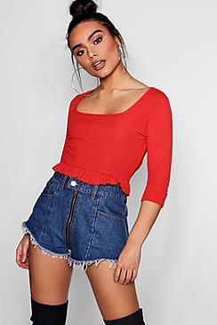 Boohoo Square Neck Ruffle Long Sleeve Crop
