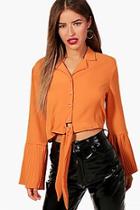 Boohoo Petite Alana Crepe Pleated Sleeve Tie Front Shirt