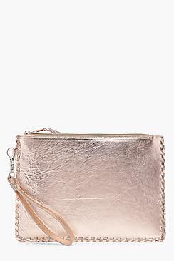 Boohoo Amy Leather Whipstitch Edge Metallic Clutch