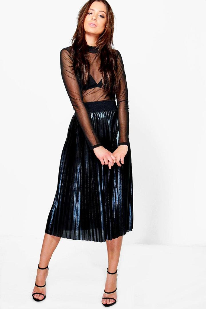 Boohoo Beau Metallic Pleated Midi Skirt Black