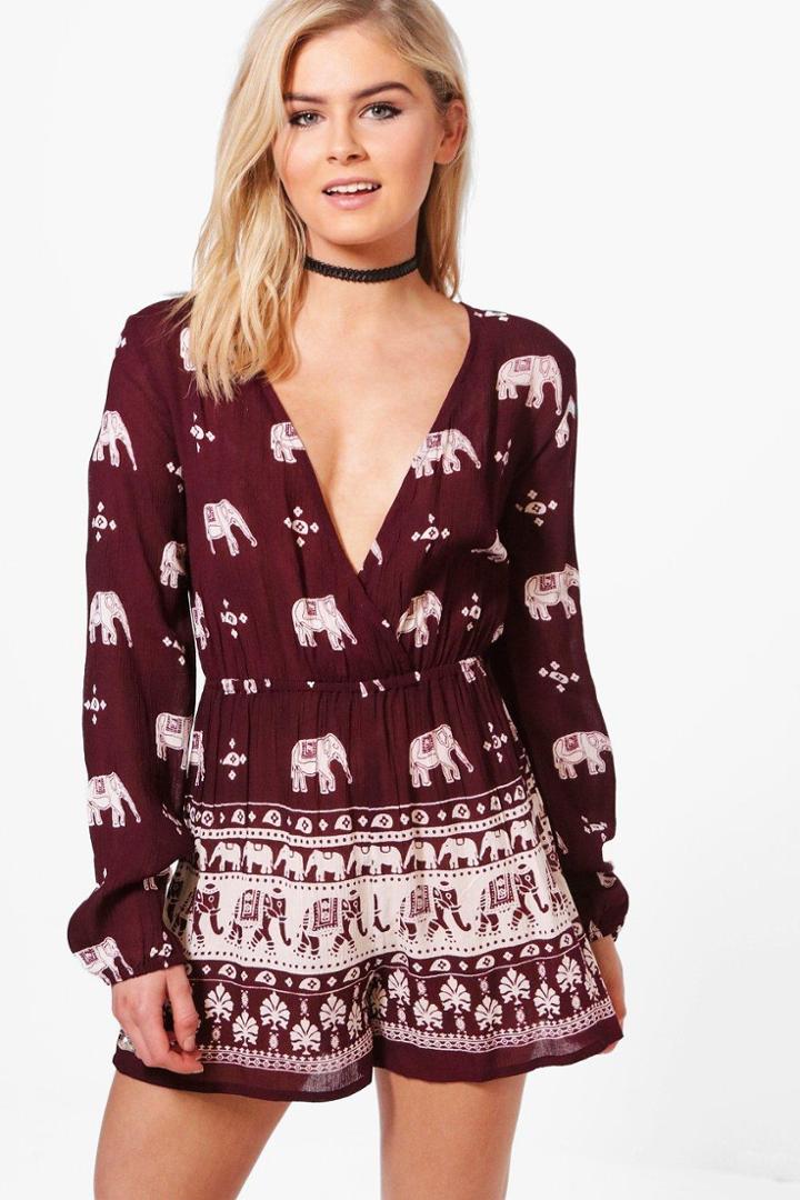 Boohoo Ada Wrap Front Elephant Print Playsuit Berry