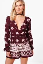 Boohoo Ada Wrap Front Elephant Print Playsuit Berry