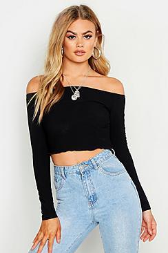 Boohoo Shirred Off The Shoulder Long Sleeve Crop Top